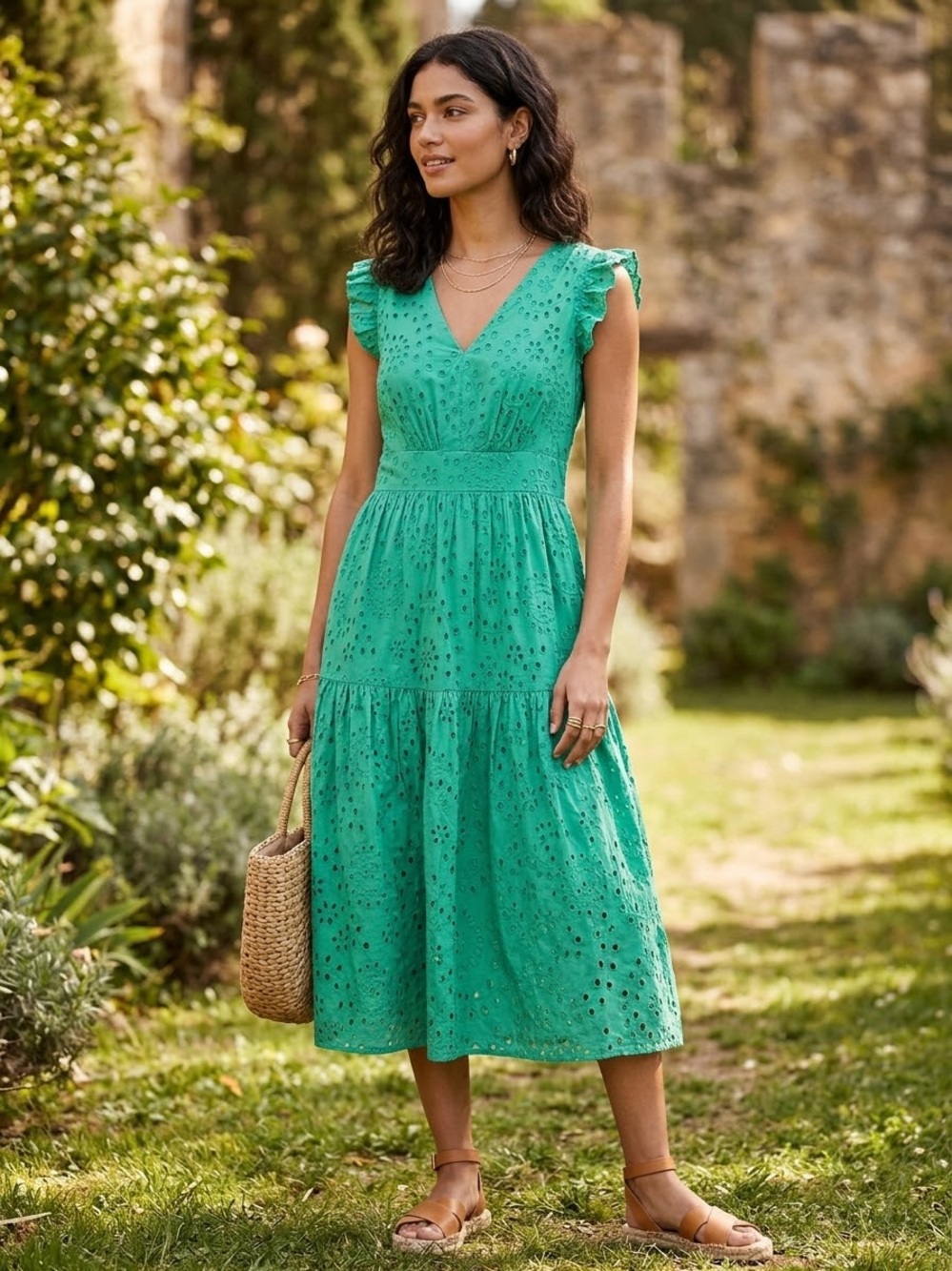 Maggy London Emerald Eyelet V-Neck Midi Dress